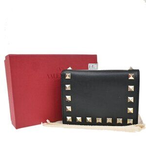 VALENTINO Logo Studs Compact Bifold Wallet Purse Leather Black GHW Italy 69KB160